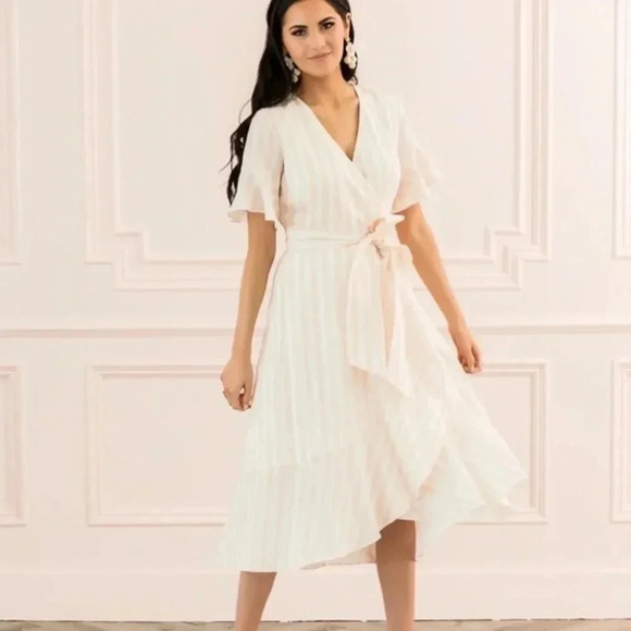 Rachel Parcell Linen Blend Wrap Dress Pink and White Striped Ruffle Midi Small - Picture 1 of 13